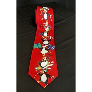 Mens Holiday Christmas Red Necktie w/ Festive Penguins Presents Candy Canes